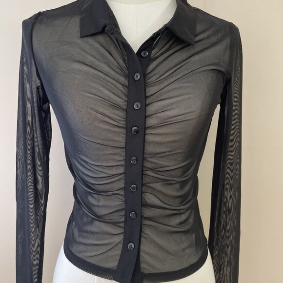VTG Y2K Womens Black Sheer Mesh Top Size S Ruched Goth Whimsigoth Twilight Vamp - Picture 2 of 7